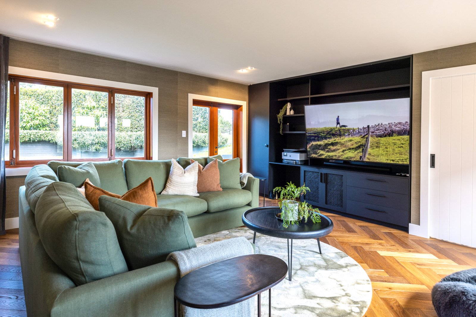 Private home theatre at Putiki Estate, luxury accommodation on Waiheke Island for families, groups and corporate retreats.