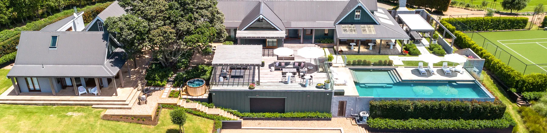 Drone photo of main deck and swimming pool