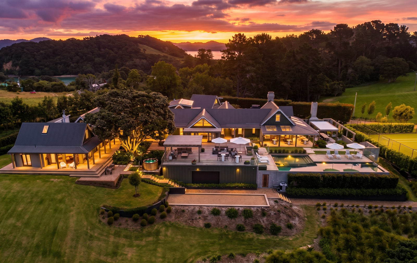 A sunset aerial view of Putiki Estate, your own private Waiheke Island resort overlooking the Hauraki Gulf