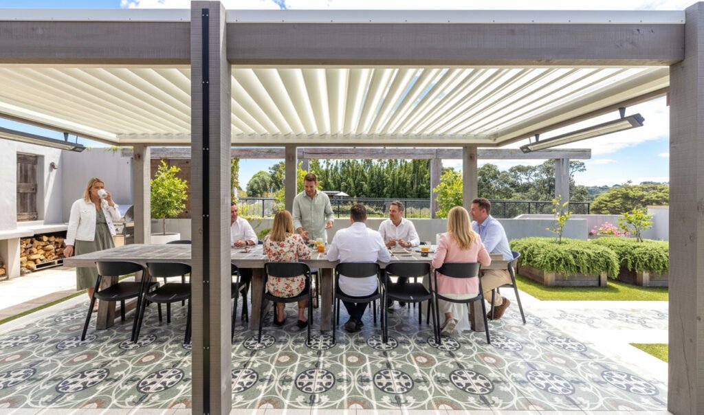 Team meeting at the outdoor dining table at Putiki Estate, a private Waiheke Island resort