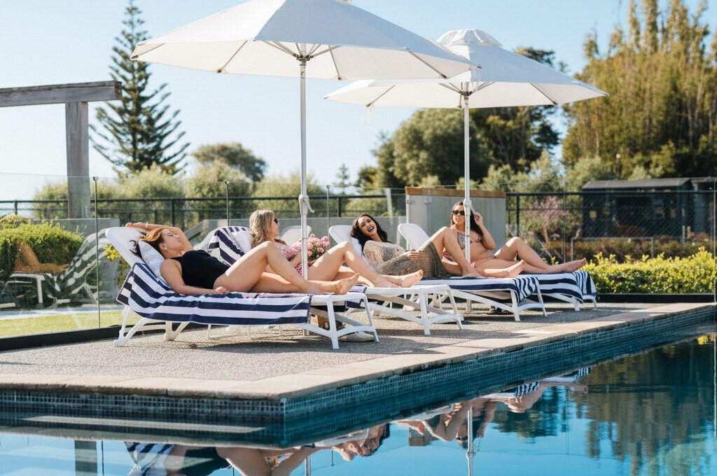 Women relaxing beside the pool at Putiki Estate, luxury accommodation on Waiheke Island