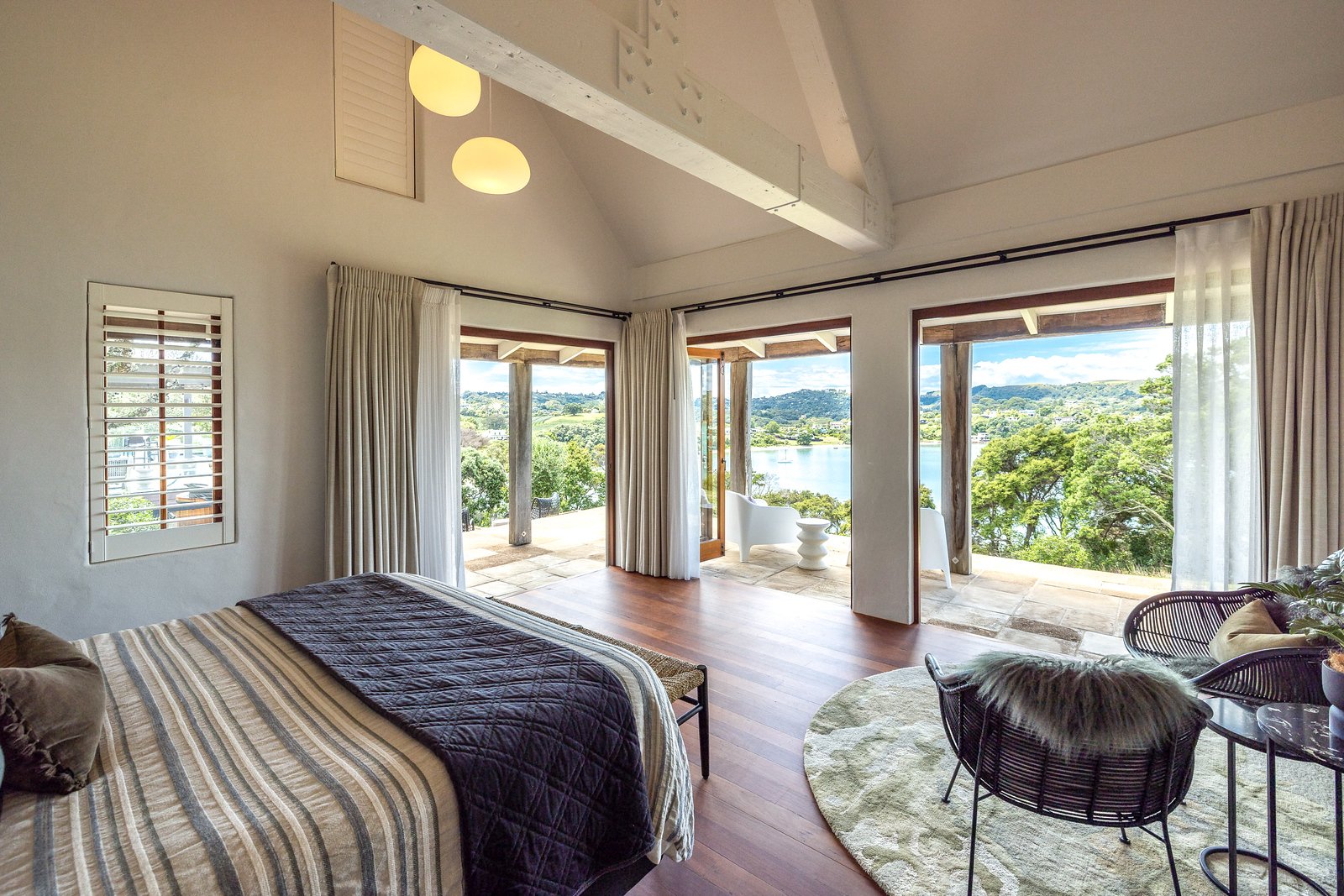 Master bedroom with Hauraki Gulf views at Putiki Estate, luxury accommodation on Waiheke Island